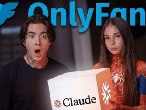 Young man and woman with surprised expressions holding a box labeled Claude.