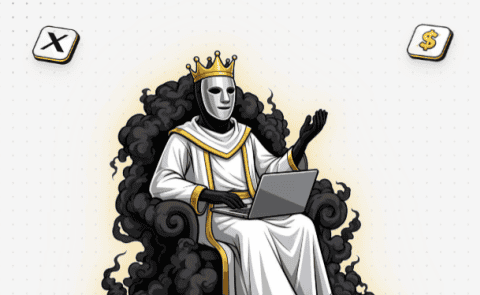 X empire – Phantom Profits King wearing a crown using a laptop for digital marketing success.